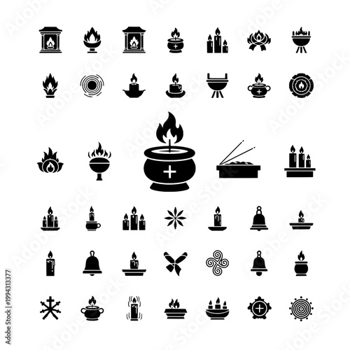 Candles and flames icon set with various religious symbols and objects featuring spiritual, meditation, incense with ritual and worship elements for