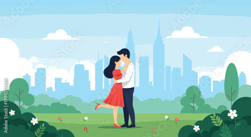 Young romantic couple hugging and enjoying a peaceful moment together in a green park with a city skyline in the background.