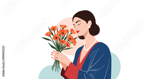 Elegant woman in a blue and red dress closing her eyes and smelling a beautiful bouquet of fresh orange flowers in a serene setting.