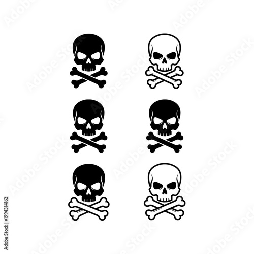 Skull and crossbones icon set with pirate skulls and crossed bones for warning and hazard signage featuring danger sign, toxic, poison with risk and