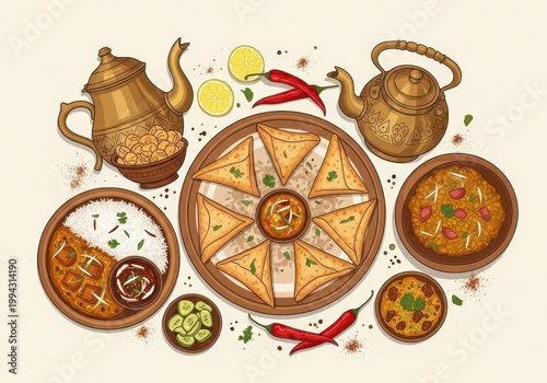 Traditional copper teapot with Indian flatbread and spice dishes
