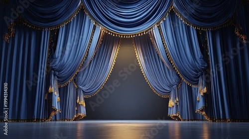 Grand theater stage with blue velvet curtains and golden tassels framing dark empty spotlights zone.