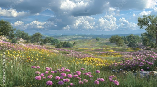 Expansive green meadow with a colorful abundance of wildflowers under a bright cloudy sky during daytime.