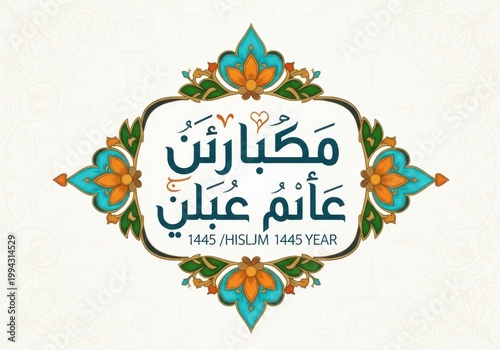 Islamic diamond shape 1445 Hijri year celebration design with Arabic calligraphy