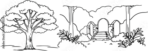 Ancient Ruins and Large Oak Tree Forest Coloring Page Outline Vector