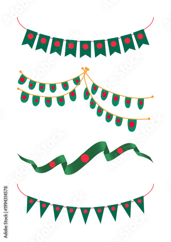 Bangladesh flag bunting and garland set, green and red festive pennant banners, national day celebration ribbons, decorative vector elements