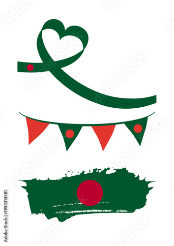 Bangladesh national flag design elements, green and red heart ribbon, decorative bunting flags, artistic brush stroke vector set for independence day