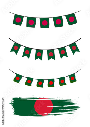 Bangladesh flag bunting banners and brush stroke set, green and red national flag garlands, festive Bangladeshi celebration decorative vector elements