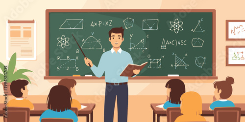 A woman professor stands by a blackboard in an elementary classroom teaching a math lesson to a young boy and other pupils engaged in learning