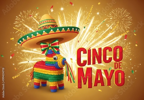 Colorful sombrero donkey celebrating Cinco de Mayo with fireworks