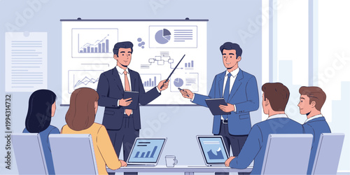 A professional business team of smiling executives and diverse workers collaborates in a modern office, using a laptop and computer during a productive meeting and presentation at a desk