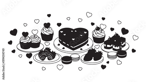 Assorted Cupcakes with Heart-Shaped Cake and Decorative Toppings for Celebration.