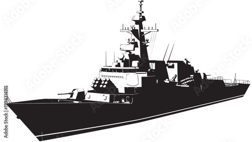 Military Navy Ship Silhouette Illustration in Black and White.