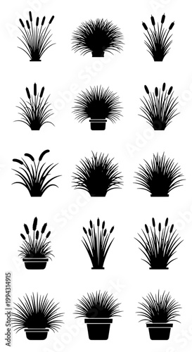 Grass plant tufts icon set with pot silhouettes, black ink strokes, and clean vector-style outlines for garden decoration