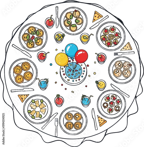 Birthday Party Food, Colorful Celebration Dishes, Party Menu Icons, Foodie Birthday Illustration
