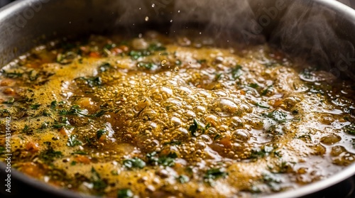 Extreme Macro Boiling Soup Surface with Bubbles and Herbs Dynamic Texture Background