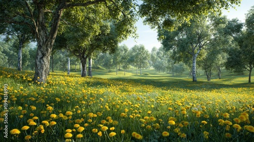 Sunlit meadow filled with yellow dandelions and trees in a serene forest clearing.