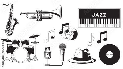 Collection of musical instruments and accessories including saxophone, piano, drums, microphone, and hat for music performance and entertainment.