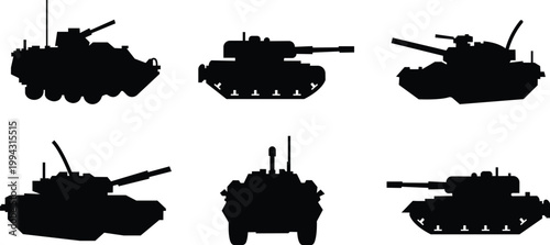 Tank armored vehicle military icon set collection group in black flat style featuring panzer, armor, war machine, combat vehicle synonym elements for army, defense and battlefield design use