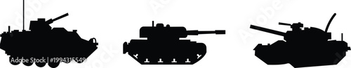 Tank armored vehicle military icon set collection group in black flat style featuring panzer, armor, war machine, combat vehicle synonym elements for army, defense and battlefield design use