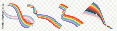 Inclusive Progress Pride rainbow ribbons set with sparkles. Isolated wavy flag streamers, flexible liquid 2D vector elements for 2026 LGBTQ intersectional branding and queer event design. Vector.