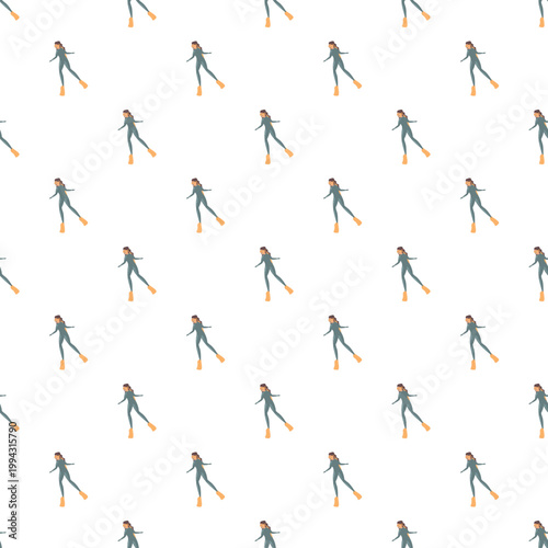 Scuba diver woman swimming in a wetsuit and flippers, creating a seamless pattern