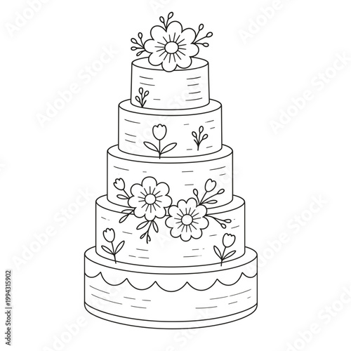 Hand Drawn Wedding Cake Coloring Page Illustration for Adults and Kids, Detailed Five Tiered Cake with Floral Decorations, Line Art Vector Sketch for Celebration, Anniversary, and Party Decor.