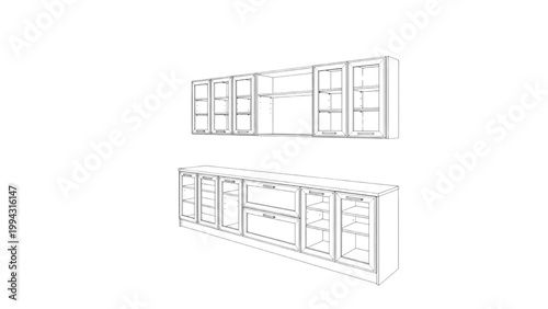 Modern kitchen cabinets and drawers on white background