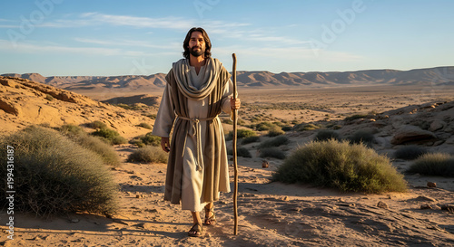Spiritual depiction of Jesus Christ wandering through a vast sun-drenched sandy desert landscape wearing a traditional white tunic robe during a contemplative religious pilgrimage journey alone