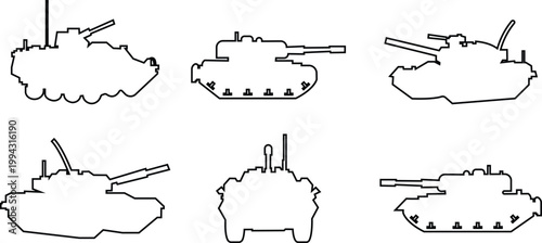 Tank armored vehicle military icon set collection group in black line style featuring panzer, armor, war machine, combat vehicle synonym elements for army, defense and battlefield design use
