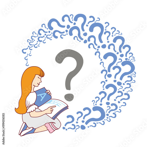 Happy girl reading book alone isolated on a white background. Getting an education. Book with many questions.  Vector illustration