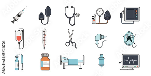Medical equipment icons illustration isolated on black background