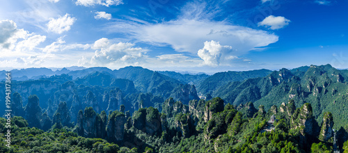 Panoramic view of quartz sandstone pillars in Zhangjiajie National Forest Park, Hunan, China