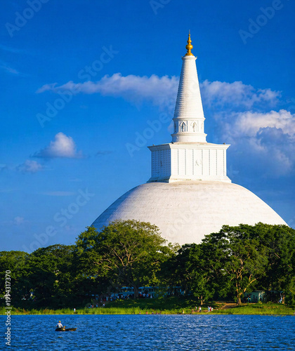 Konstfotografi Ruwanwelisaya Stupa in Anuradhapura Sri Lanka with Blue Sky and Green Tree Frame