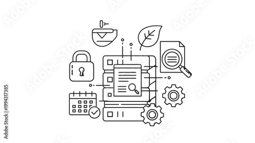Digital Security and Data Management Illustration Showing Cloud Storage and Encryption Concepts.