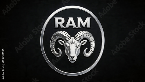 A sleek metallic chrome finish emblem featuring a bighorn sheep head with curved horns inside a circle, set against a textured black background.