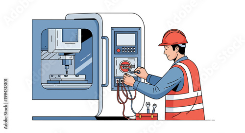 Skilled technician calibrating advanced industrial machinery with precision tools.