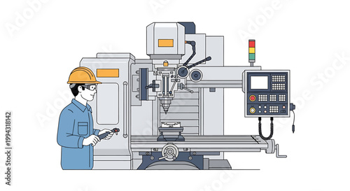 Skilled worker operating advanced CNC milling machine in industrial setting.