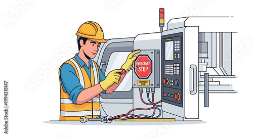 Skilled technician wearing safety gear inspecting industrial machinery control panel.
