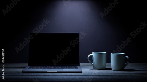 Dark workspace scene with laptop and two white coffee mugs on wooden table illuminated by soft light