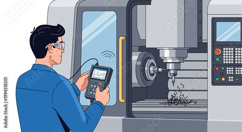 Man Operating Advanced CNC Machine with Control Panel.