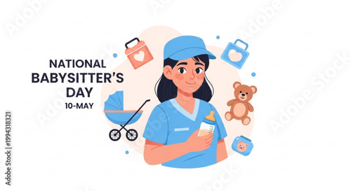 Caring babysitter celebrating national babysitter's day with feeding bottle teddy bear and baby stroller on soft pastel background