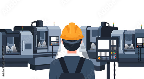 Engineer wearing hard hat inspecting industrial machinery in factory.
