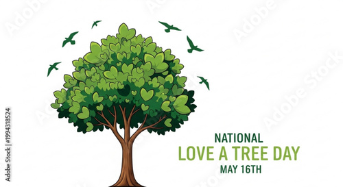Lush green tree with heart shaped leaves and birds on national love a tree day may 16th celebration