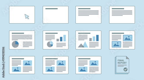 Illustrated document creation lifecycle showcasing the development of business presentations and reports, progressing from initial slides to a comprehensive final report