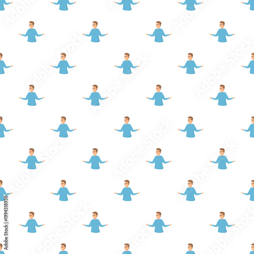 Young man shrugging shoulders with raised hands expressing doubt and uncertainty in repeating seamless pattern