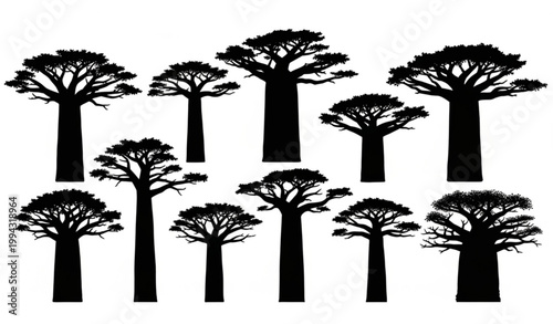 Foto African baobab tree silhouettes vector set with iconic savanna trees isolated o