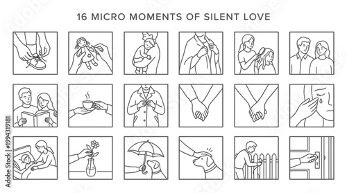 A collection of 16 intimate and tender moments of silent love and connection, captured in simple line art illustrations