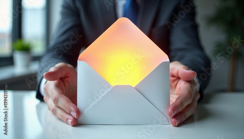 Businessman holding open envelope with magic glowing light. Concept of receiving important message, electronic mail and professional communication. Digital notification and bright news.