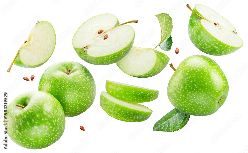Fototapeta premium Ripe green apples and apple slices levitating in air on white background. File contains clipping paths.